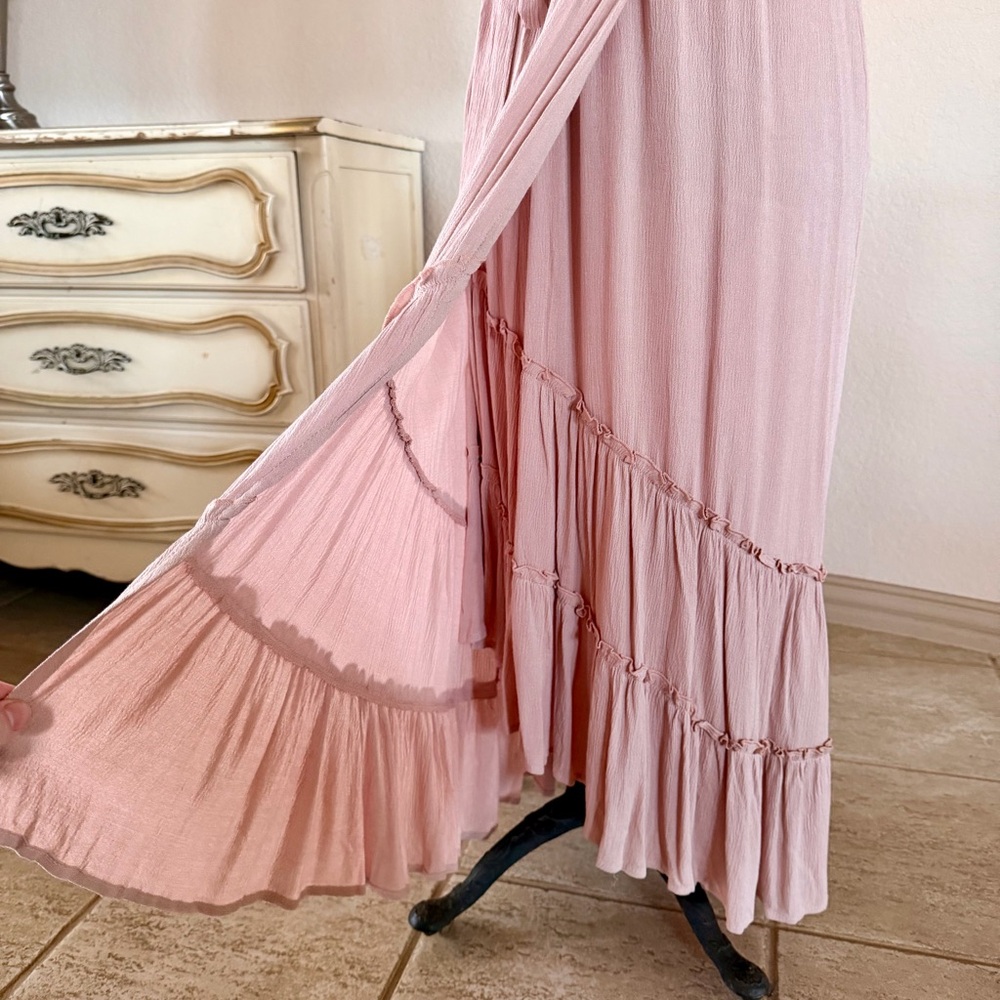 BOHME Size Small Dusty Pink Embroidered Feminine Tiered Ruffle Maxi Dress Spring - Picture 4 of 11
